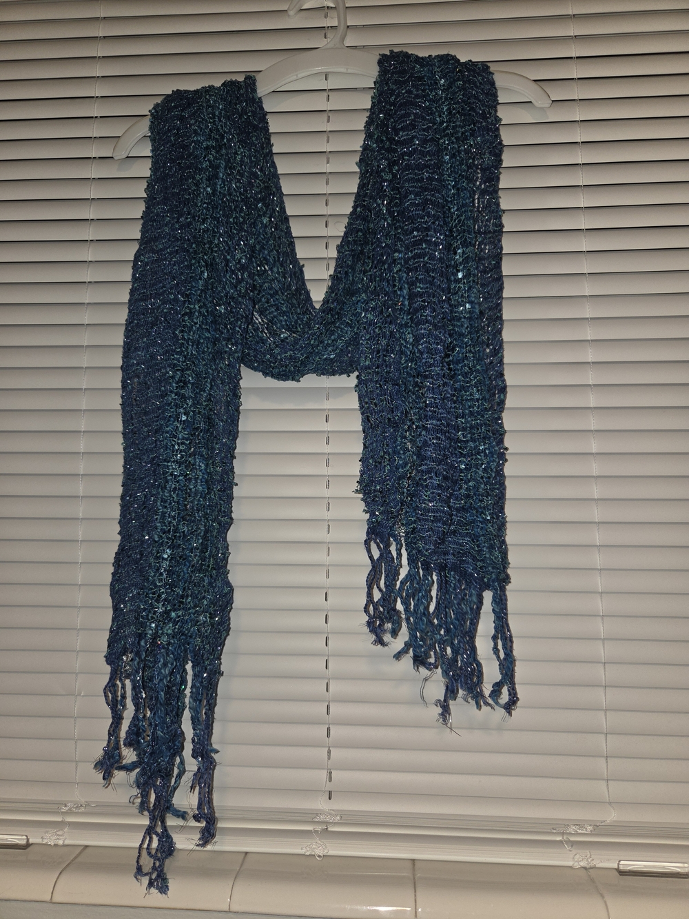 Blue Knit Fringe Scarf - Women's Shimmery Wrap